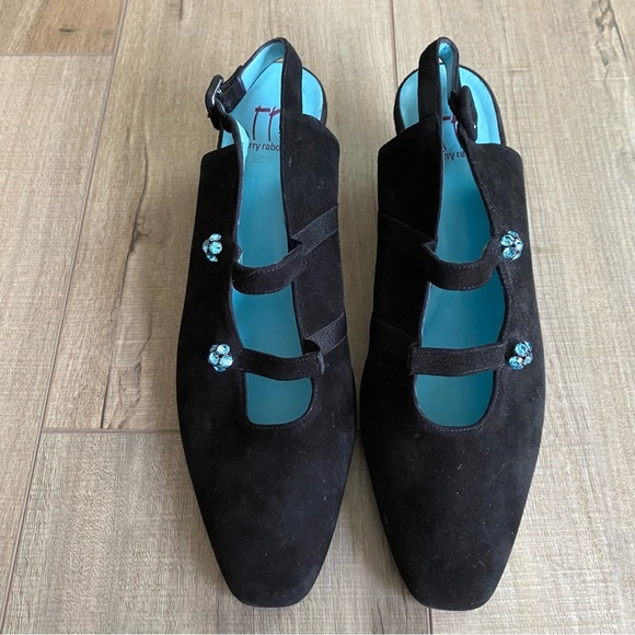 Thierry Rabotin Women's Black Suede Slingback Heels Crystal Embellishments 7.5 - Picture 11 of 15